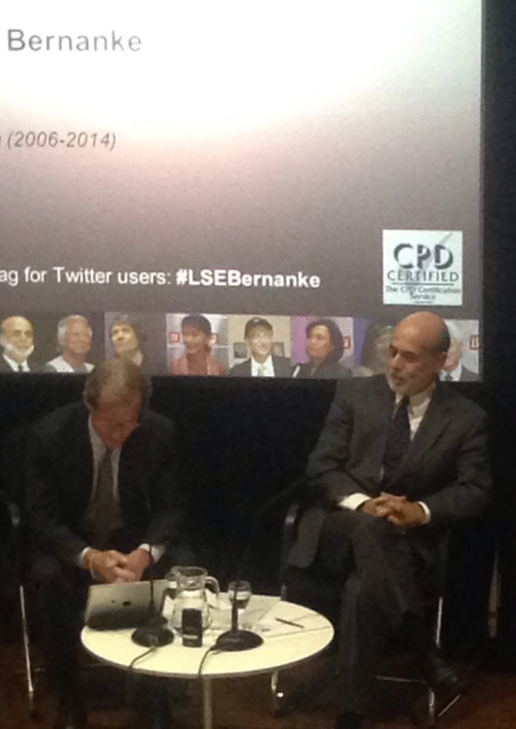 PaVasLo's tweet photo. Great session with Dr @benbernanke and his experience during tough times "putting foam in the runway" #LSEBernanke $ https://t.co/jlpmykpNu0