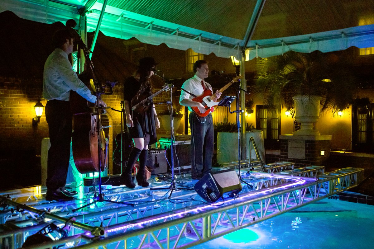 Magic! Charleston's own <a href="/lowhills/">The Lowhills</a> floating above the pool at the <a href="/MillsHouseHotel/">Mills House Hotel</a>!