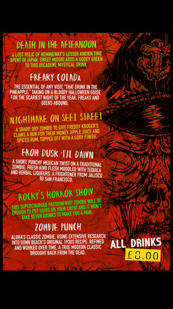 AlohaLiverpool's tweet photo. Menu is ready for Halloween. Are You? We have @jonnybongolacey causing mayhem with your favourite Halloween games https://t.co/zM6wDtPi4g
