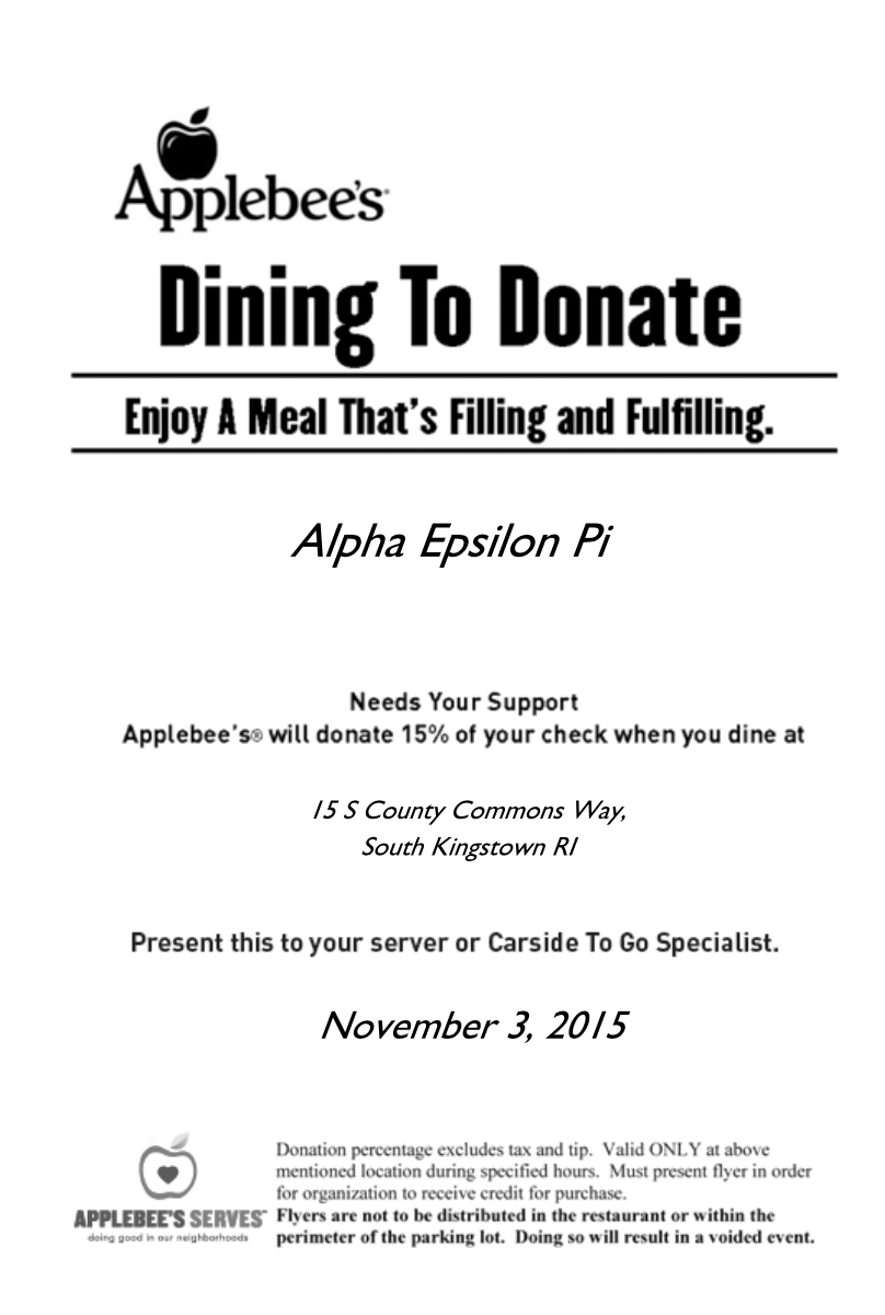 Come with the brothers of AEΠ to South County Applebee's for a dining celebration and support Innovation Africa.