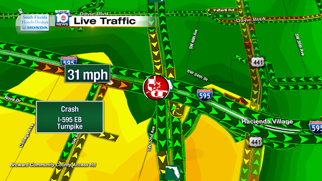Crash on I-595 EB at Turnpike. Speeds at 31mph #traffic #broward @JeniseFernandez https://t.co/DFmSkkbtHr