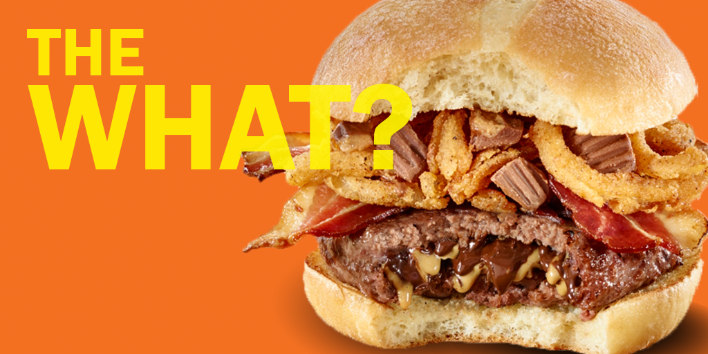 reesescanada's tweet photo. The Reese Burger. Stuffed and topped with Reese cups, it's as good as it is crazy. Only at @WORKSBURGER. https://t.co/bvCshGQ5sf