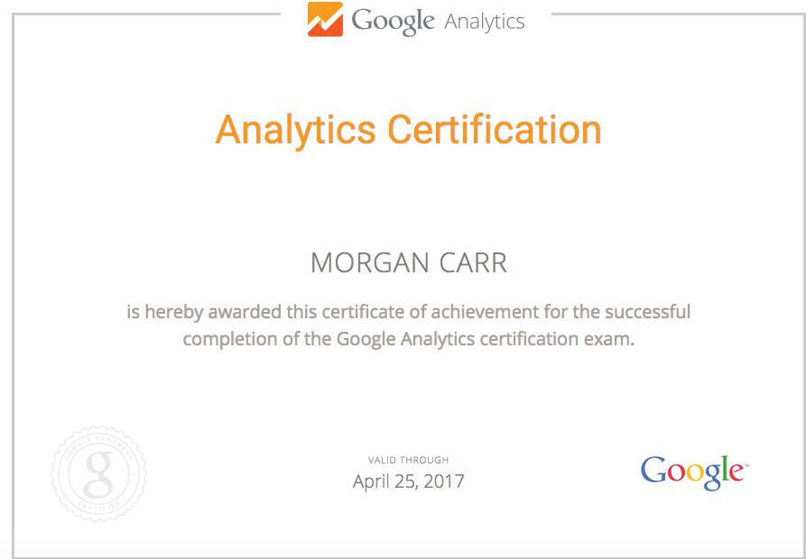 morganacarr's tweet photo. Biggest accomplishment of the semester, so glad to be certified! #BUSM15 #GoogleAnalytics https://t.co/jrdjRNqBie