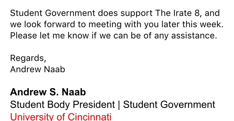 theIRATE8's tweet photo. @UCStudentGov @AndrewNaab responds to #TheIrate8 @uofcincy @prezono https://t.co/S0TZriU6wv