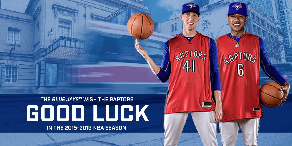 BlueJays's tweet photo. The @BlueJays would like to wish the @Raptors good luck this season! #WeTheNorth #ComeTogether https://t.co/u7vG1LZ74q