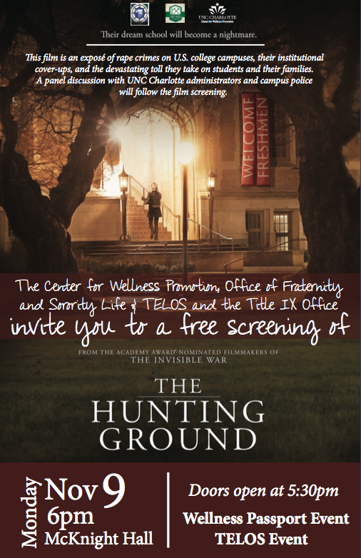 CLTGoGreek's tweet photo. Join us for the powerful documentary and #TELSO event! #TheHuntingGround November 9th https://t.co/8Lwx112LHp