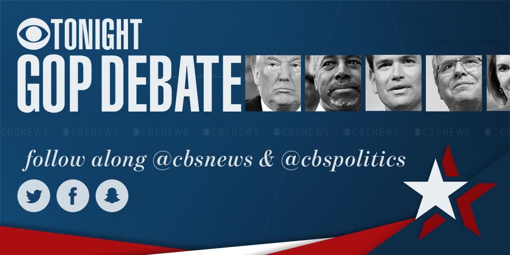 CBSPolitics's tweet photo. STARTING NOW: Presidential hopefuls take the stage at third #GOPDebate; follow along here https://t.co/G2agLX3eTI
