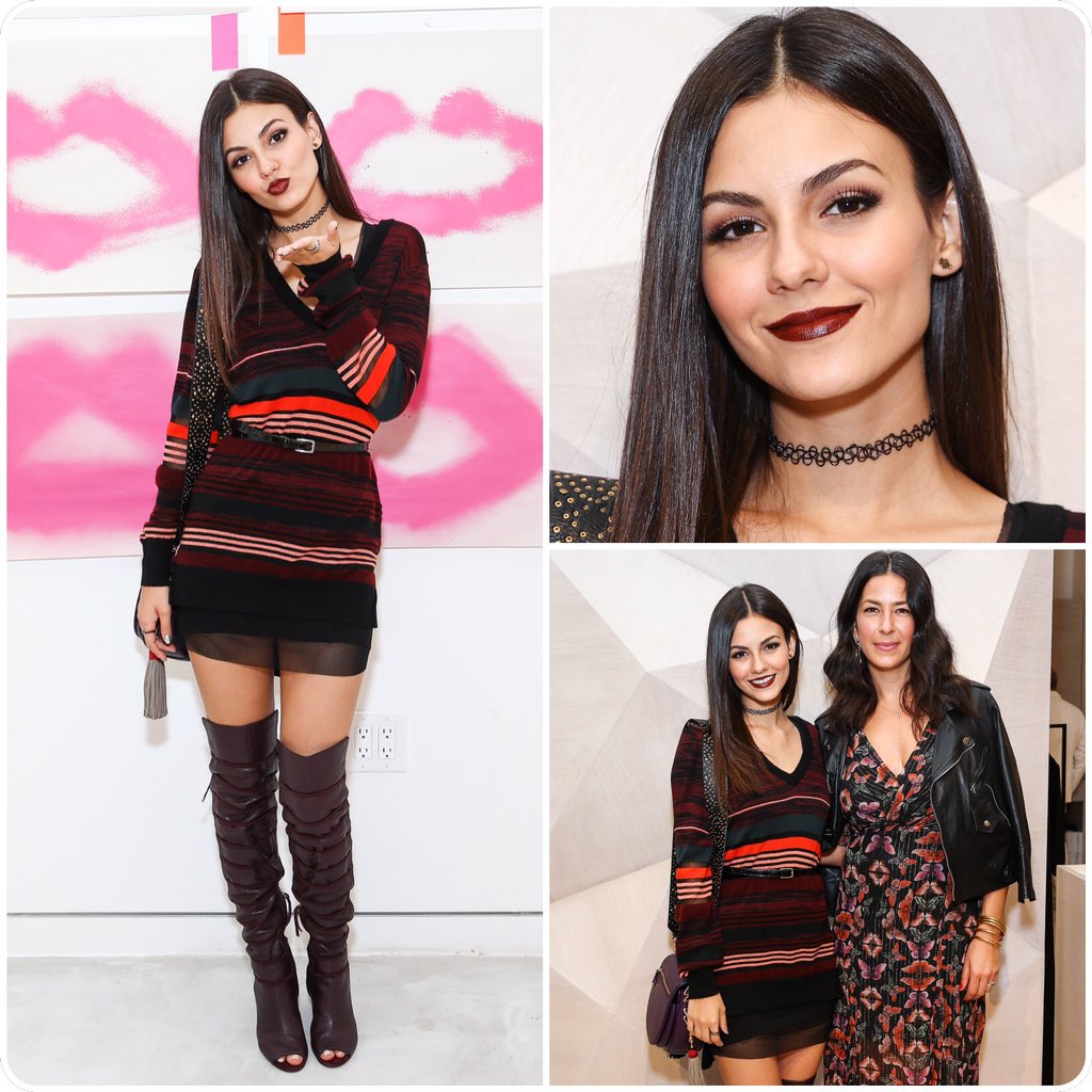 VictoriaJustice's tweet image. My look yesterday. Wearing head to toe @rebeccaminkoff. @drawbertson inspired the smooch 💋.