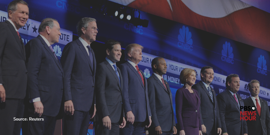 NewsHour's tweet photo. Who do you think is leading in tonight's debate? #CNBCGOPDebate https://t.co/R7HAcEoS9i