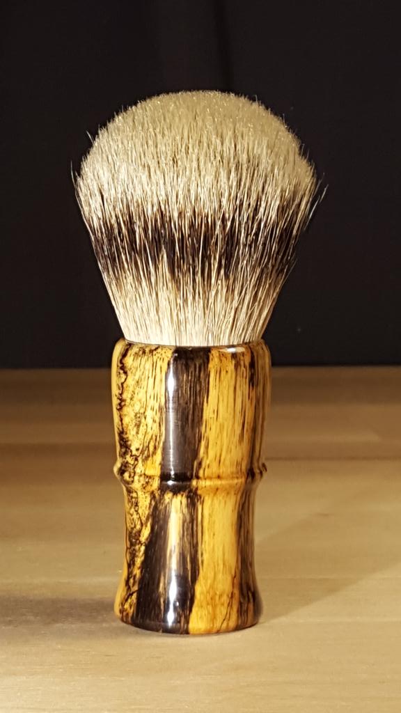 Beautiful Spalted Tamarind Premium Silvertip Badger hair wet shaving brush now available at manhandledwoodshop.com