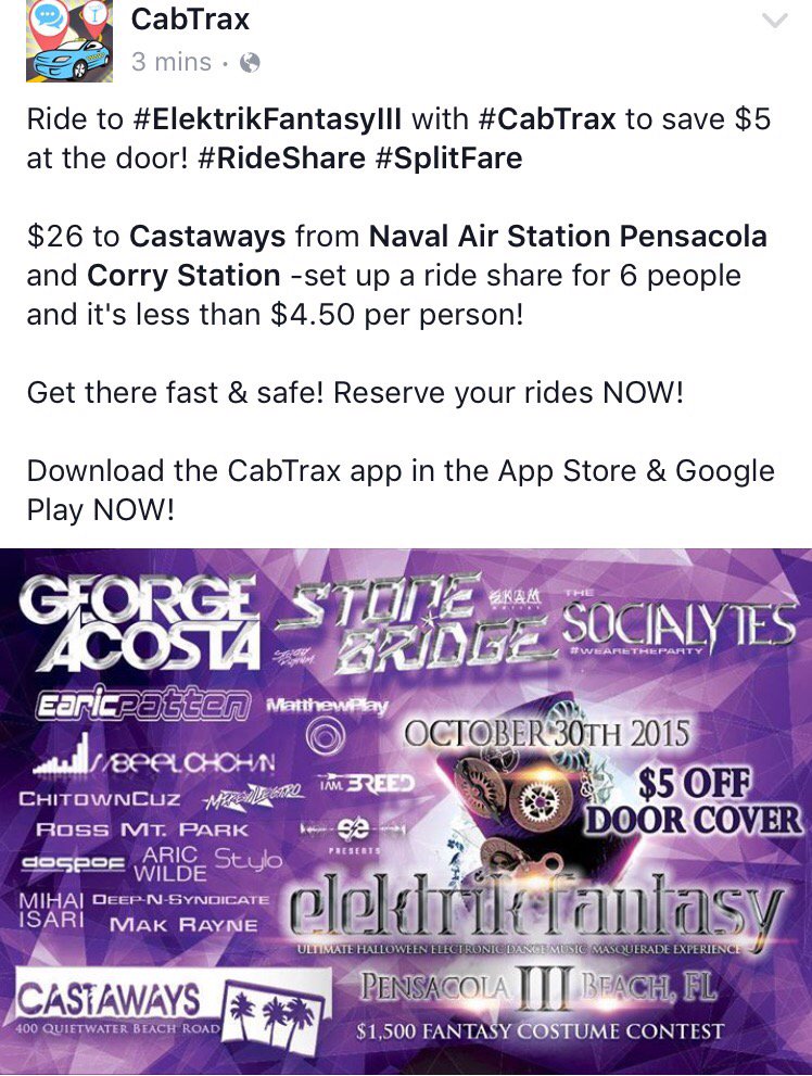 CabTraxFL's tweet photo. Get to #ElektrikFantasy3 from @NASPensacolaCO for $26 #RideShare = #SplitFare less than $4.50/pp w/ 6 passengers. https://t.co/scafN768fy