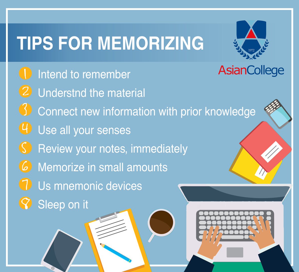 AsianCollegeQC's tweet photo. What’s the key to memorizing? We’ve got some #tips for you! #education #collegeph #collegelife https://t.co/lBqb66nm5N