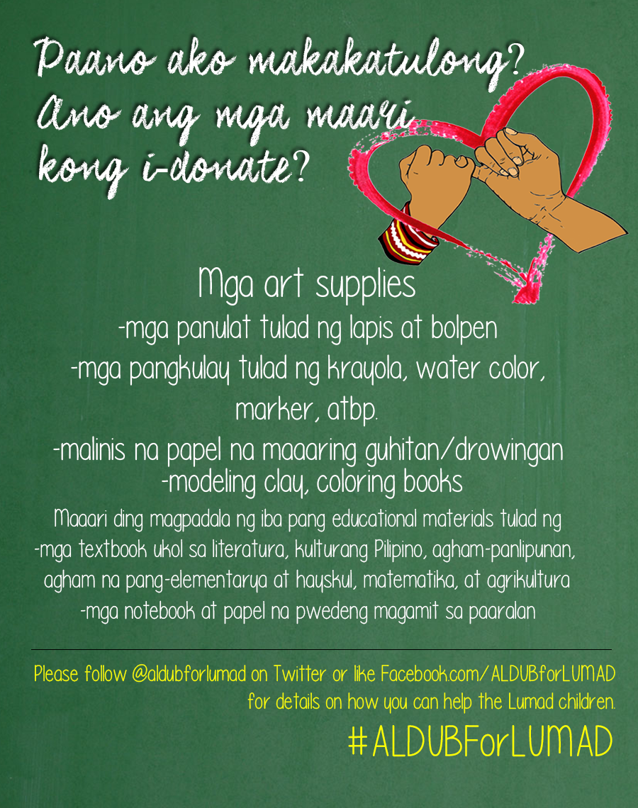 aldubforlumad's tweet photo. Heto na!! #ALDUBForLUMAD ART SUPPLIES Drive (preferred) [+ Educ Materials]-HOW TO DONATE. Pls RT! #ALDUB15thWeeksary https://t.co/QUvX0Z3k2e