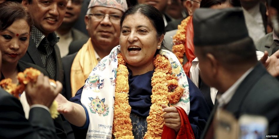 BBCNewsAsia's tweet photo. Nepal elects its first female president - women's rights campaigner Bidhya Devi Bhandari https://t.co/FgcwMLBDyl https://t.co/CdRPIr9WSW