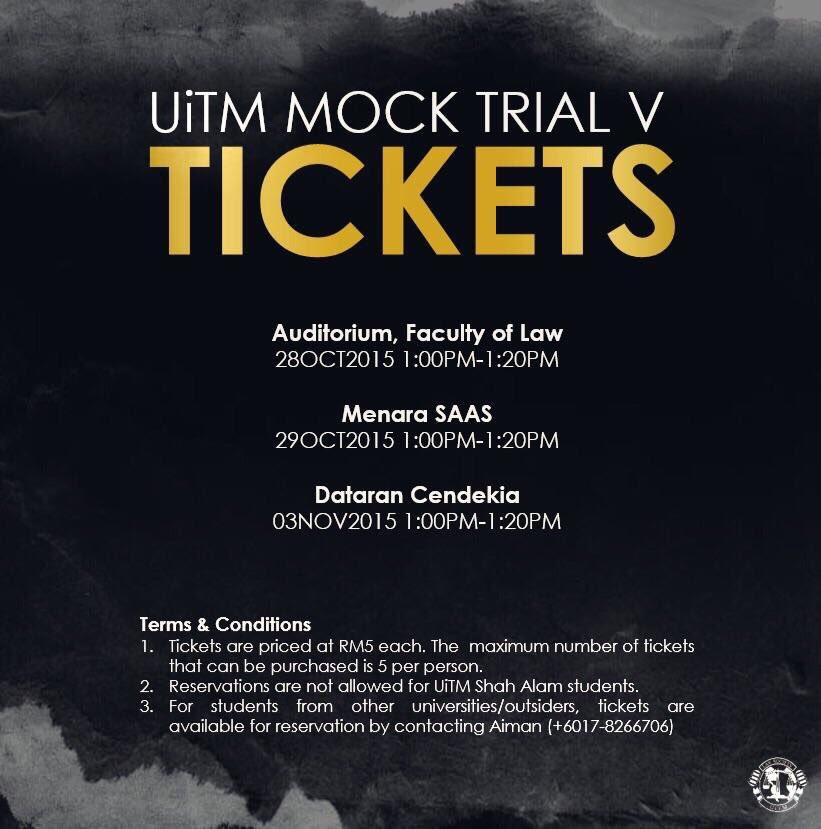 mocktrialuitm's tweet photo. Our ticket team will be at Menara SAAS today! See you at 1PM next to the post office #UiTMMockTrialV #fiveiscoming https://t.co/PE9kRWjCGQ