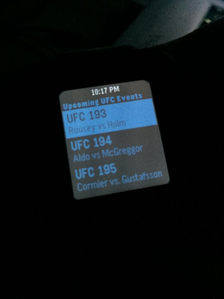 fmontes's tweet photo. I just coded this little #pebbleapp for UFC events in 50 lines of #javascript :) (mock data) #pebble https://t.co/O9nTLsJdNk