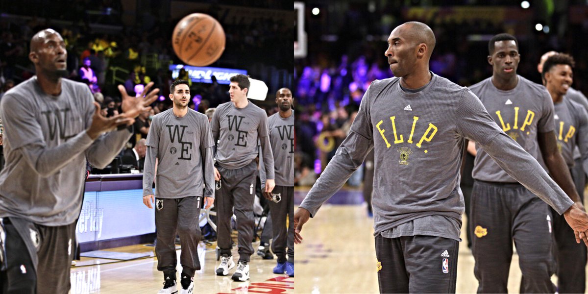 espn's tweet photo. ICYMI: Last night, the Timberwolves and Lakers honored Flip Saunders with special shooting shirts during warmups. https://t.co/lpHGPy4rXD