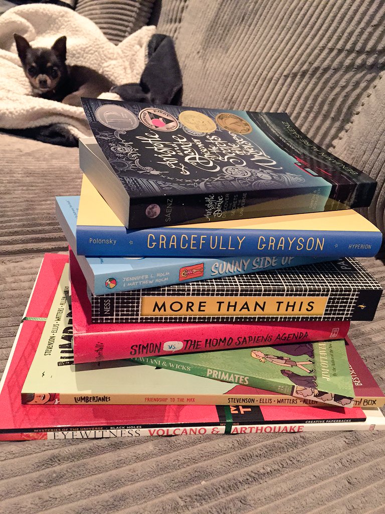 advisory73's tweet photo. @advisory73 new books! This is what happens when @sarahmclibrary &amp; I go to teacher night @ the book store #lmsread https://t.co/4D7cPLNXOR
