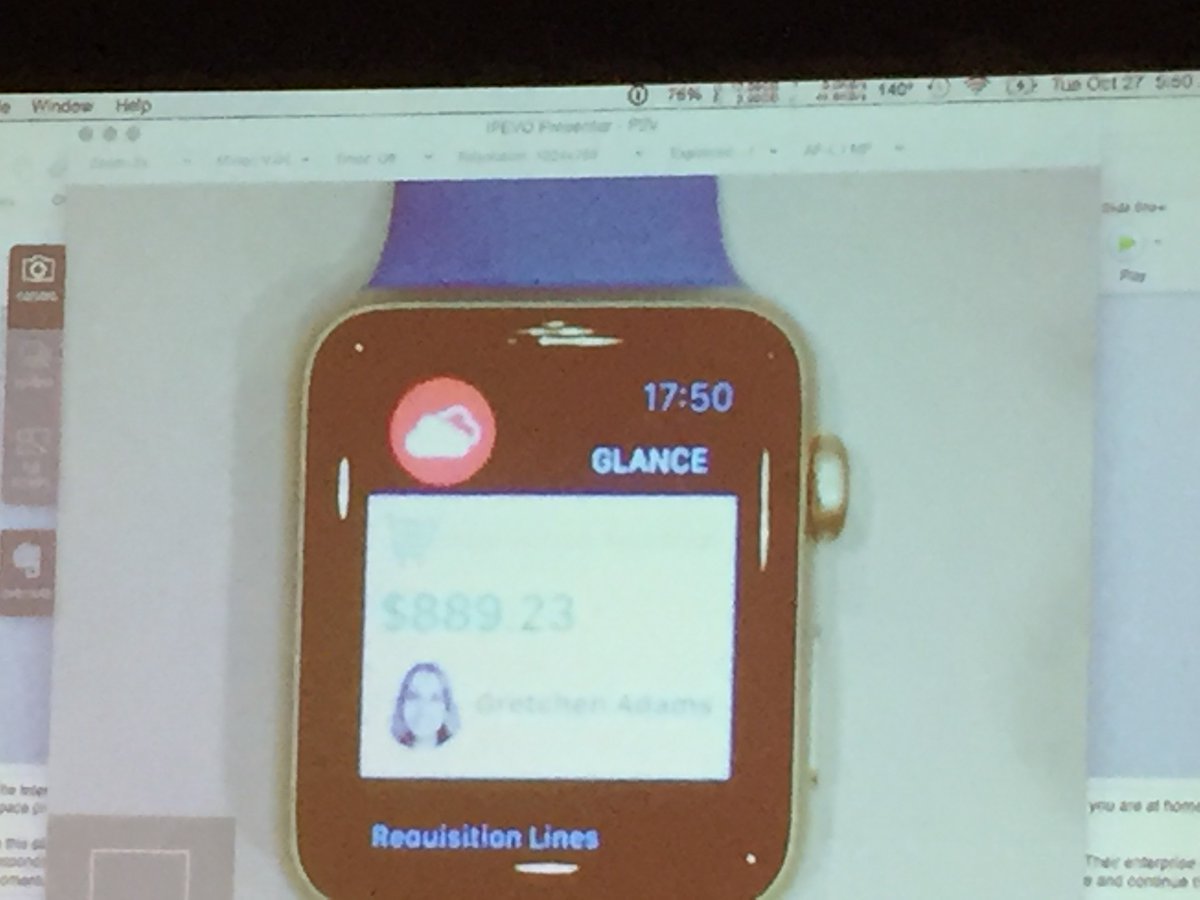 mishavaughan's tweet photo. .@jrwashley Shows off the glance framework for your cloud on the smart watch #oow15 #oaux https://t.co/YzTm7L1J8y