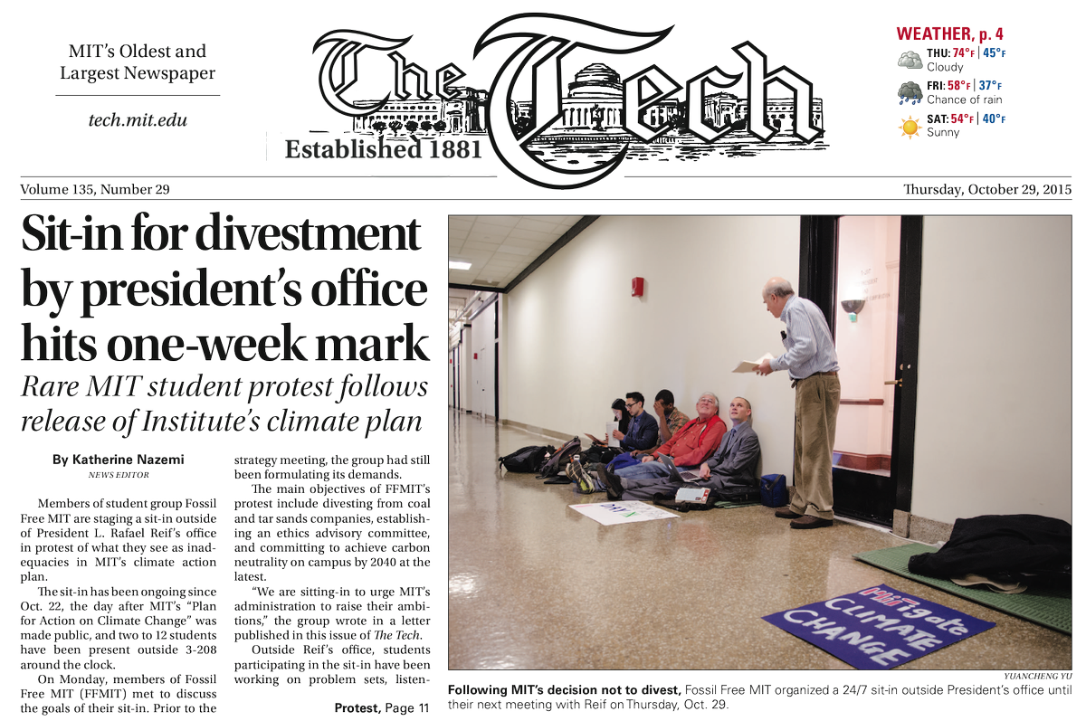 billmckibben's tweet photo. Front of MIT newspaper dominated by news of week-long sit in. If you're in Cambridge area, go help! @FossilFreeMIT https://t.co/J5h58vvGnz