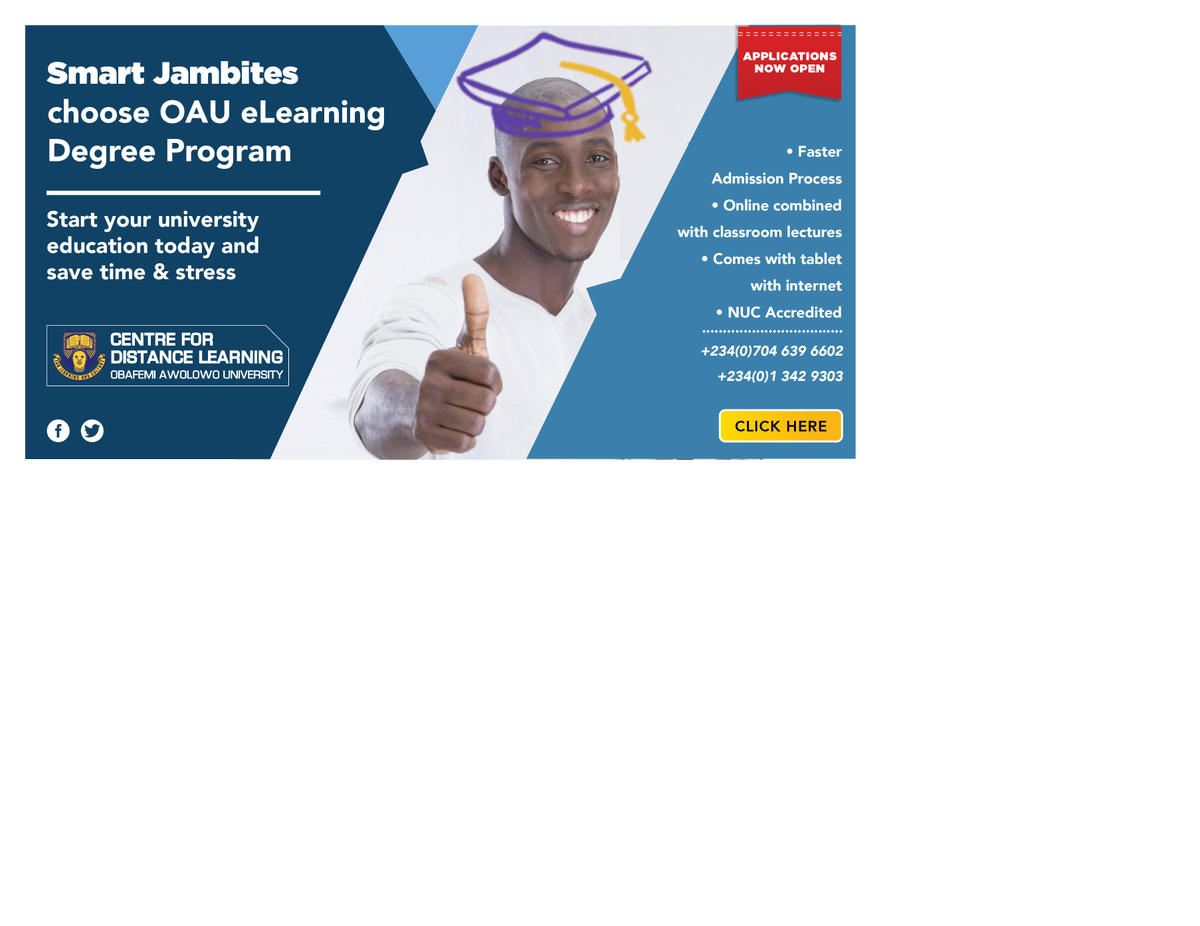 oaucdl's tweet photo. Apply here for OAU E-Learning programmes #OAUeLearning https://t.co/ux5ftGrPDo https://t.co/BlF7SxPKJq