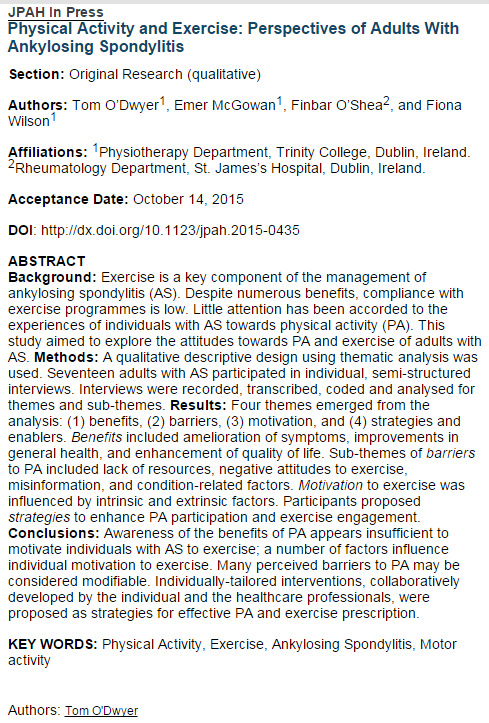tomkodwyer's tweet photo. @FionaWilsonf @bososhea @EmerMcGowan InPress: #Physicalactivity &amp; #Exercise: Perspectives of Adults with #AnkySpond https://t.co/VqUCIVrqLg