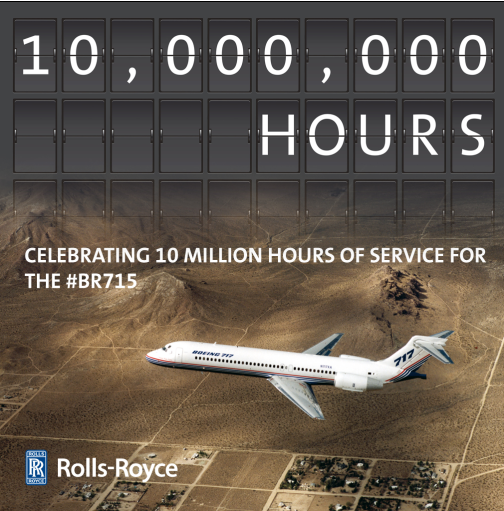 RollsRoyce's tweet photo. This month, our #BR715 engine achieved the milestone of 10 million flying hours powering the @Boeing 717 https://t.co/yx0ur3gRjP