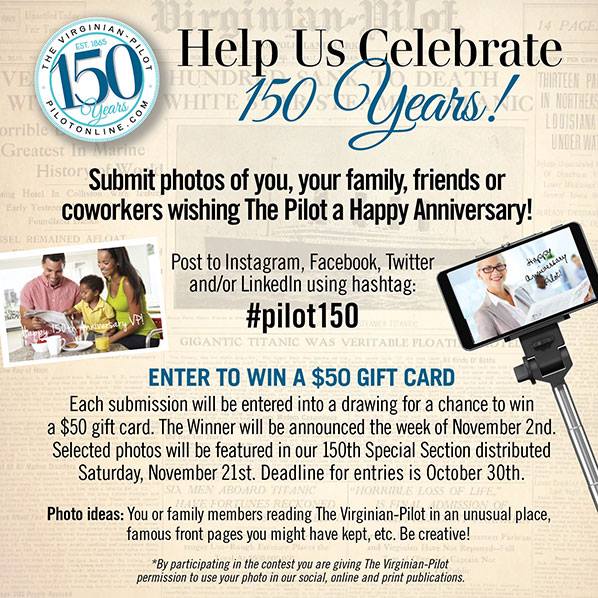virginianpilot's tweet photo. Could you use an extra $50? Send us a picture of how you read @Pilotnews for your chance to win. #Pilot150 #Fiveby5 https://t.co/oX1bTsDXWr