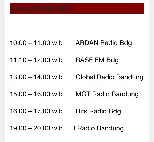 Hai Peeps.. Ini update schedule Promo Radio kita di Bandung 30 Okt 2015 .Cc : <a href="/SonyMusicID/">Sony Music Indonesia</a> <a href="/SMN_Channel/">Star Media Nusantara</a>