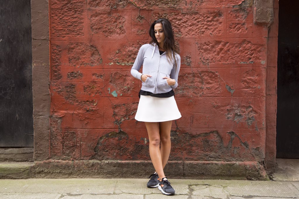 The cutest outfit with perfect layering for colder weather 👏🏼 #neoprene skirt, signature tee and our grey hoodie 😍🔥