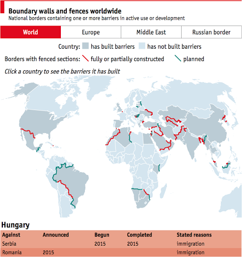 TheEconomist's tweet photo. Austria wants to erect a fence to keep migrants out. Boundary walls and fences worldwide https://t.co/piia3rQc82 https://t.co/8xdEpOycJY