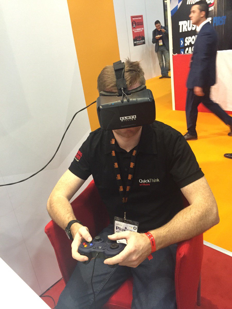 samjdeacon's tweet photo. He's back to reality this week, but Matt was trialling the @SlotsMillion #oculusrift #VR slots at #BAC2015 last week https://t.co/eOXYI69klx