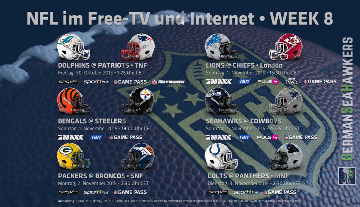 SeaHawkersGER's tweet photo. Die #NFL im deutschen Free-TV und Internet - Week 8 #GermanSeaHawkers #GSH #NFLger #ranNFL #maxxNFL #SPOX #GoHawks https://t.co/UijQIp0aRX