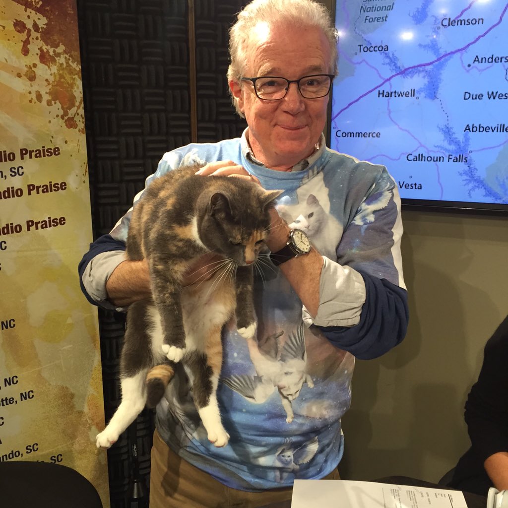 HisRadio's tweet photo. We just surprised @jimmann w/a cat visit! Maple is waiting to be adopted at @GvlAnimalCare! #catday #hismorningcrew https://t.co/Pvz65CvOQw