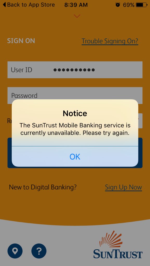 RCBroughman's tweet photo. @AskSunTrust it doesn't give me the option to update and keeps giving me this notice https://t.co/gwd3QAwN2t
