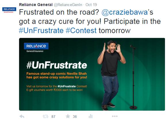 v_shakthi's tweet photo. #UnFrustrate: Reliance General Insurance commutes with real time marketing https://t.co/bRejqLT5sa | @social_samosa https://t.co/iduUjIrcy9