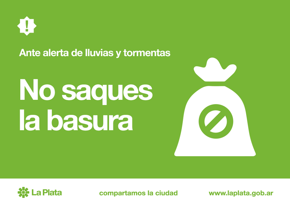 LaPlataMLP's tweet photo. Ante las posibles precipitaciones recomendamos revisar techos, drenajes y evitar sacar la basura #MLP https://t.co/cB1czblFXy