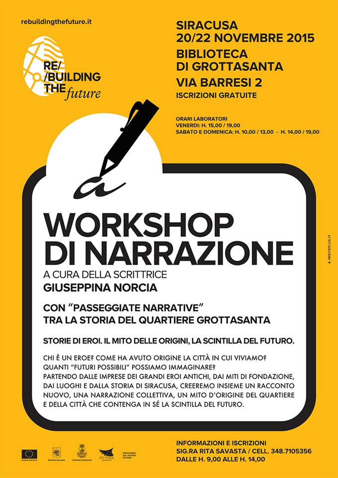 rtf_sr's tweet photo. WORKSHOP DI NARRAZIONE a cura di Giuseppina Norcia SR, 20/22 nov / Biblioteca Grottasanta / Iscrizioni gratuite https://t.co/tBC1VN1Dxf