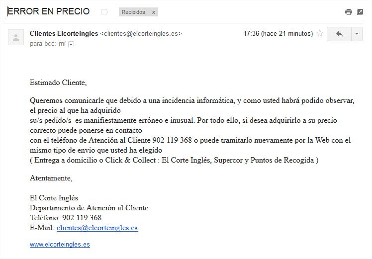 _angel_ferrer's tweet photo. es de ser cutre las formas d @elcorteingles el error de precio. Mail con asunto en mayus y enviado como copia oculta https://t.co/3W9pEVLkCN