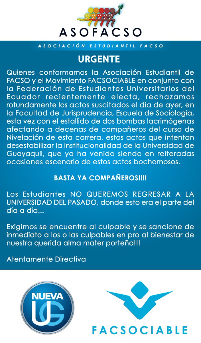 FACSOCIABLE's tweet photo. #URGENTE @ugnoticias #ASOFACSO #FACSOCIABLE @ces_ec https://t.co/I6QxIyaFEr