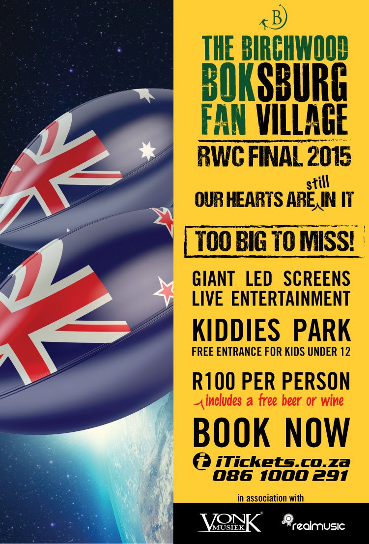 BoksburgFans's tweet photo. One last time, this weekend! Let's end off #RWC2015 in style! In association with @VonkMusiek. Tickets  @iTicketsSA https://t.co/ZzCbkaPthm
