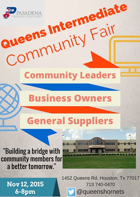 QueensHornets's tweet photo. Join us for #QueensIntermediate #CommunityFair, 11/12, 6 pm π‘βπ¬ππ @PasadenaCitizen @PasadenaTX_CoC @pasadenatexas https://t.co/ekp7GdXv7B