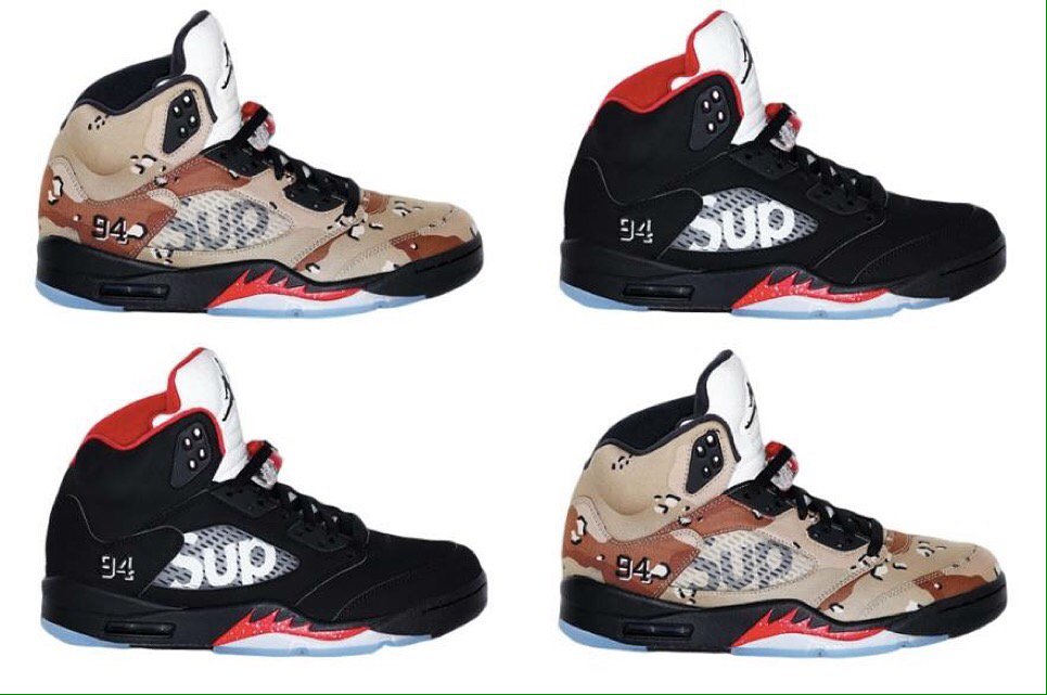 sneakercircus's tweet photo. Our latest auction is now LIVE. Supreme x Nike Air Jordan 5 Camo &amp; Black in multiple sizes. https://t.co/YYDurO8igi https://t.co/mW21CAo7Q9