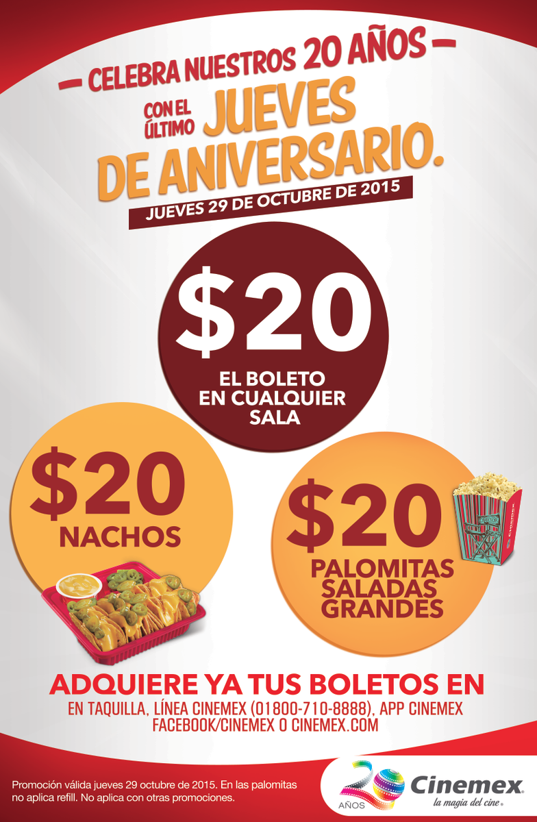 Cinemex's tweet photo. Porqué tú lo pediste último #JuevesDeAniversario con las mejores promociones para festejar los #20AñosCinemex.

¡RT! https://t.co/ZEttkkcbwt