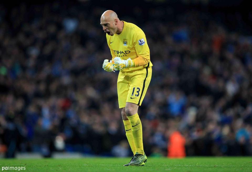 HO SOCCER GK <a href="/willy_caballero/">Willy Caballero</a> shows his delight after @MCWFC beats Crystal Palace 5 - 1 in the #CapitalOneCup
