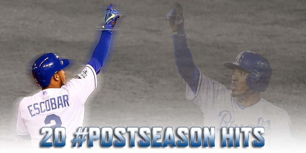 MLBStats's tweet photo. .@alcidesescobar2 has 20 hits - most ever in one #postseason for a @Royals player. https://t.co/Qdbr4Z4oA4
