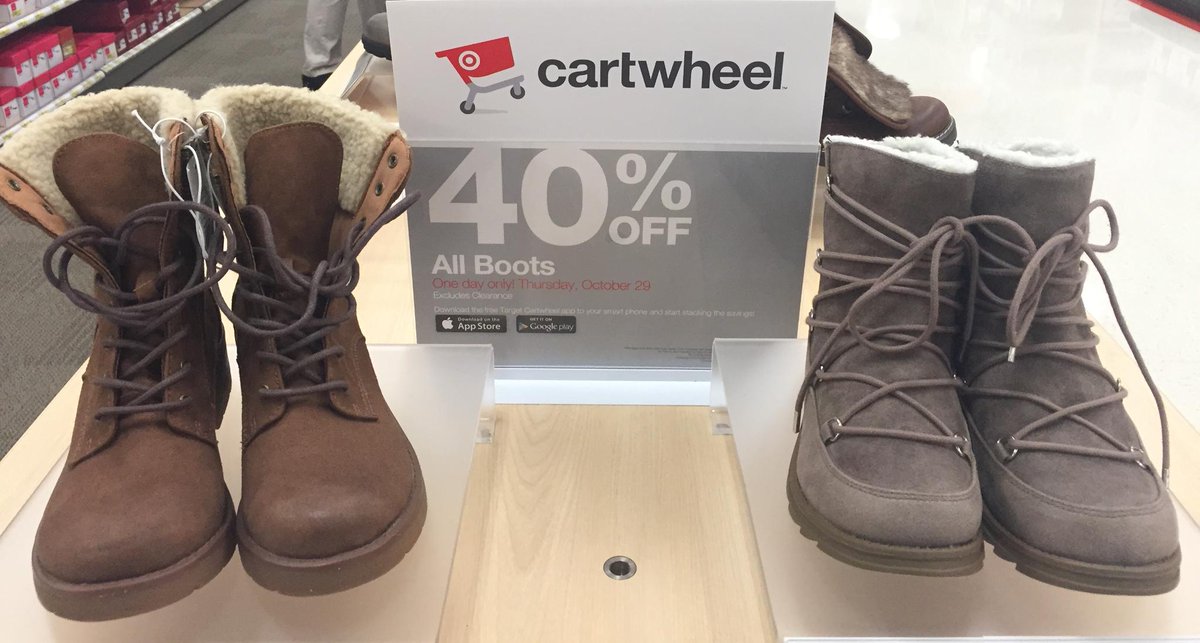 Target's tweet photo. We can't handle this #Cartwheel deal: 40% off ALL boots. https://t.co/JmAi9dLsHO Today only!! https://t.co/0ZSVNHGMpR
