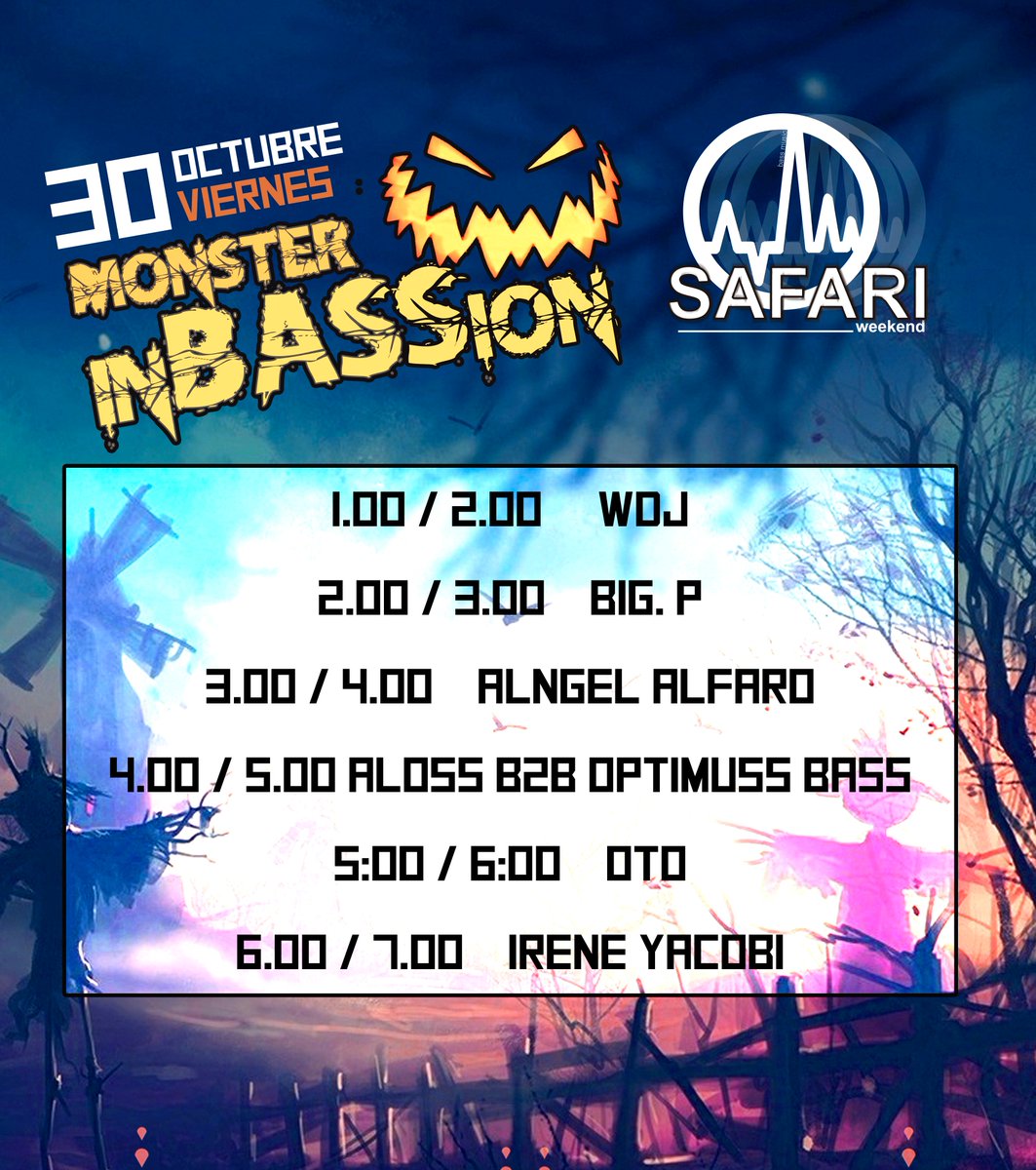 SafariWeekend's tweet photo. ¡Todo listo! Horarios, artistazos y musicón. Nos vemos mañana
#Huelva #Oto #halloween #LiquidClub #PuertoSur #safari https://t.co/0vRzLyKr6q