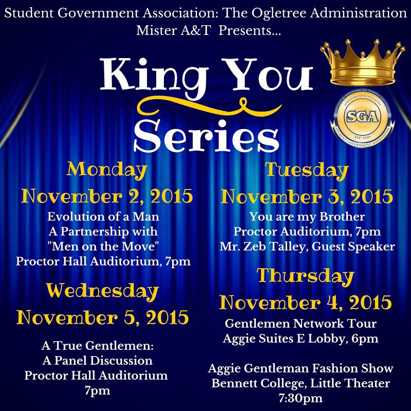 NCAT_OSA's tweet photo. Join Mr. A&T next week as he kicks off "The King You Series"! #KINGYOU #NCAT https://t.co/NlcHt60Ori