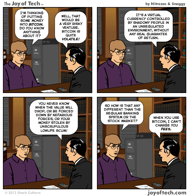 Matthijs85's tweet photo. Het verschil tussen bitcoin en ons huidige monetaire stelsel? Een cartoon van @JoyofTech #tegenlicht #bitcoin #geld https://t.co/kWkR0cudWk